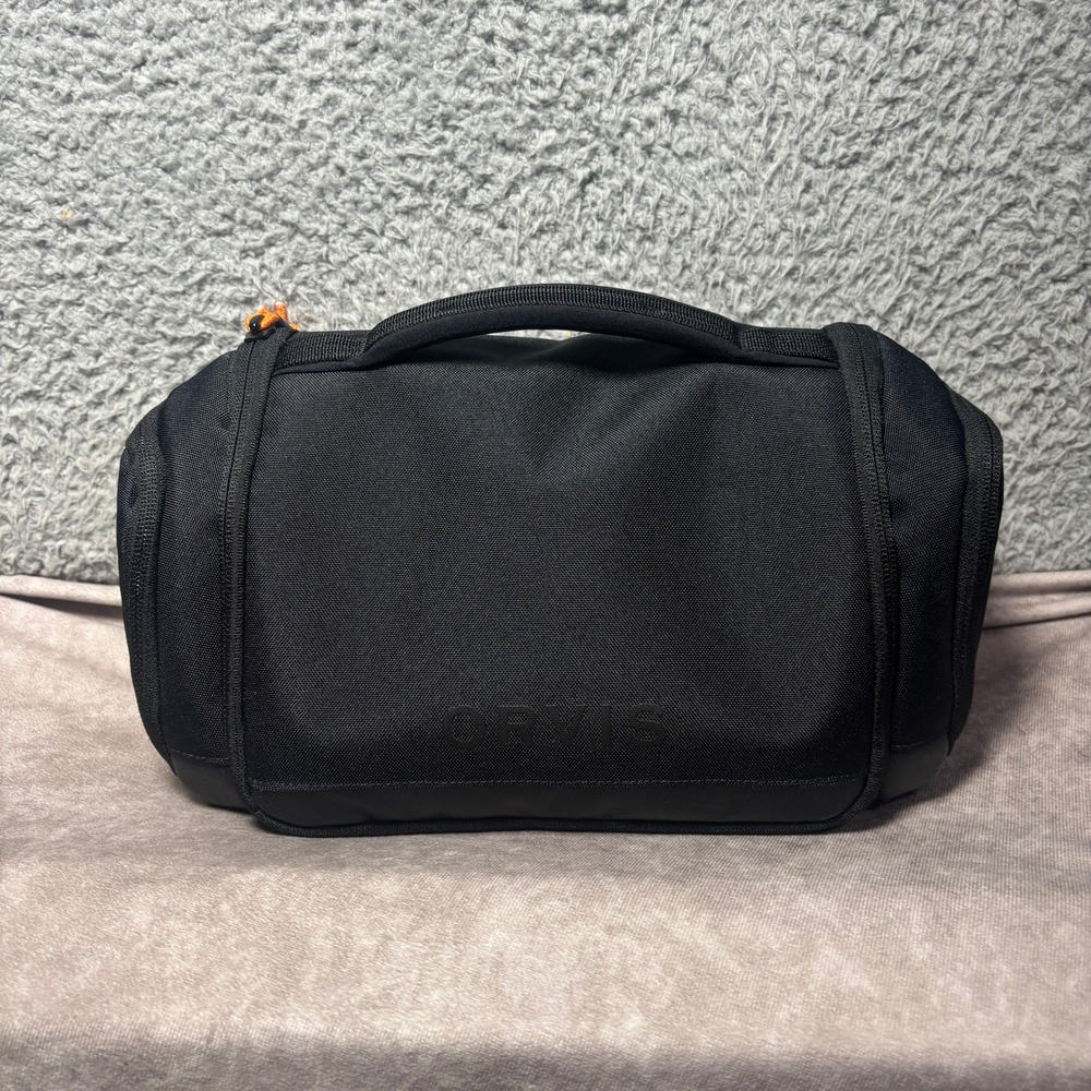 Orvis Black Ballistic Nylon Hanging Toiletry Kit Dopp Bag Orange Interior